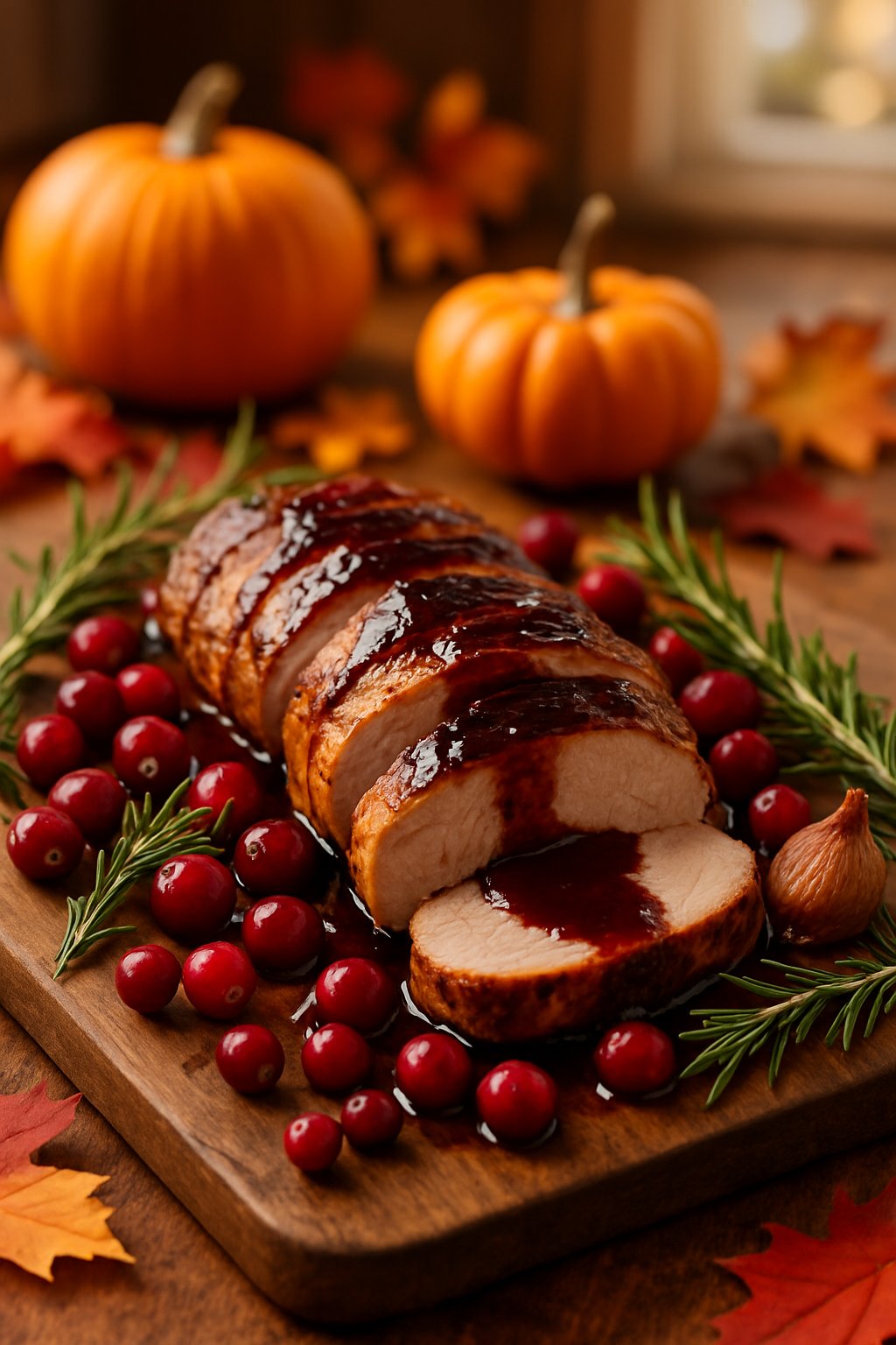 A sliced pork tenderloin with cranberry balsamic sauce on a wooden board surrounded by fresh cranberries, rosemary, and autumn decorations.