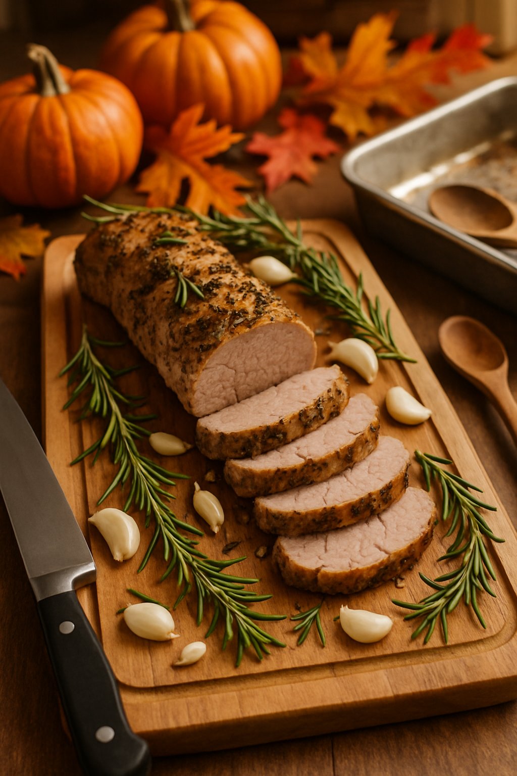 Sliced pork tenderloin seasoned with garlic and rosemary on a wooden cutting board surrounded by fresh herbs and autumn decorations.