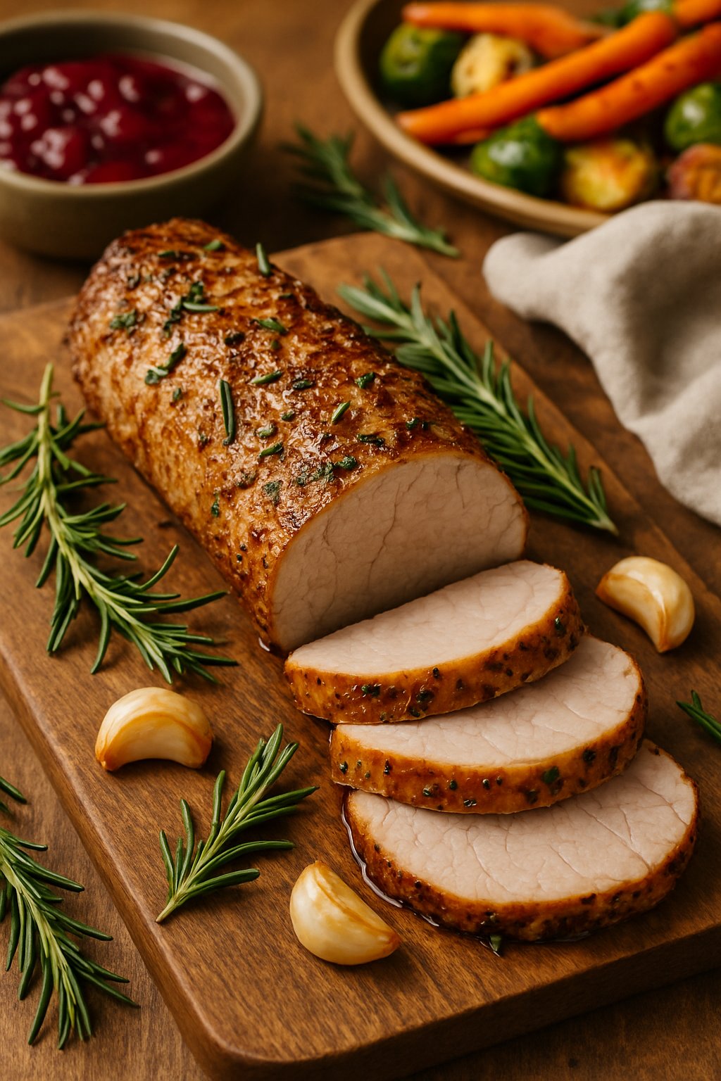 Sliced pork tenderloin seasoned with garlic and rosemary on a wooden cutting board surrounded by fresh herbs and roasted vegetables.
