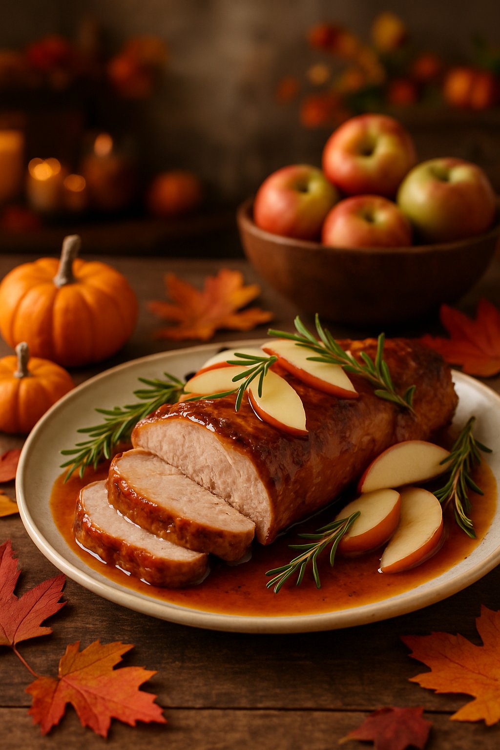 A plate of sliced pork tenderloin with apple cider sauce, garnished with rosemary and apple slices, surrounded by autumn decorations on a wooden table.