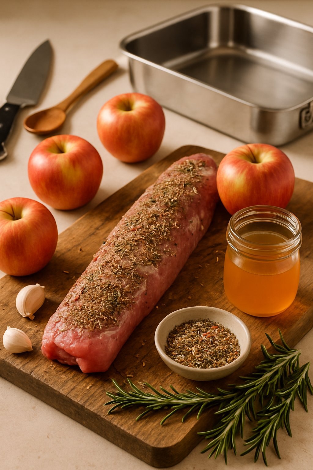 A kitchen countertop with a raw pork tenderloin on a wooden cutting board surrounded by apples, apple cider, herbs, and cooking utensils.