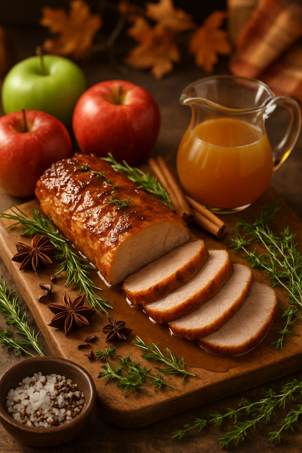 Sliced pork tenderloin glazed with apple cider sauce on a wooden board surrounded by apples, cinnamon sticks, herbs, and a glass pitcher of apple cider.