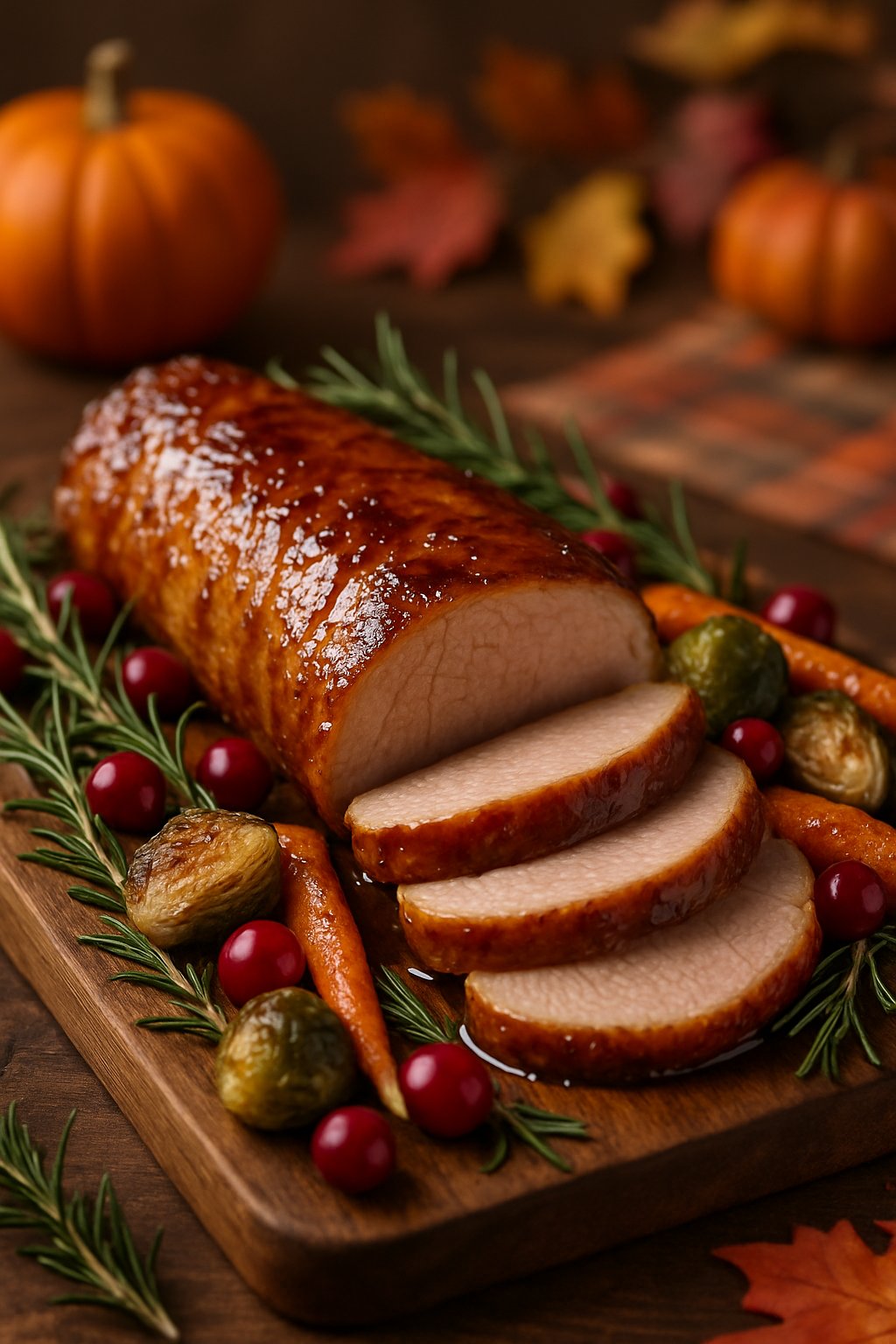 Sliced maple glazed pork tenderloin on a wooden cutting board with roasted vegetables and autumn garnishes.