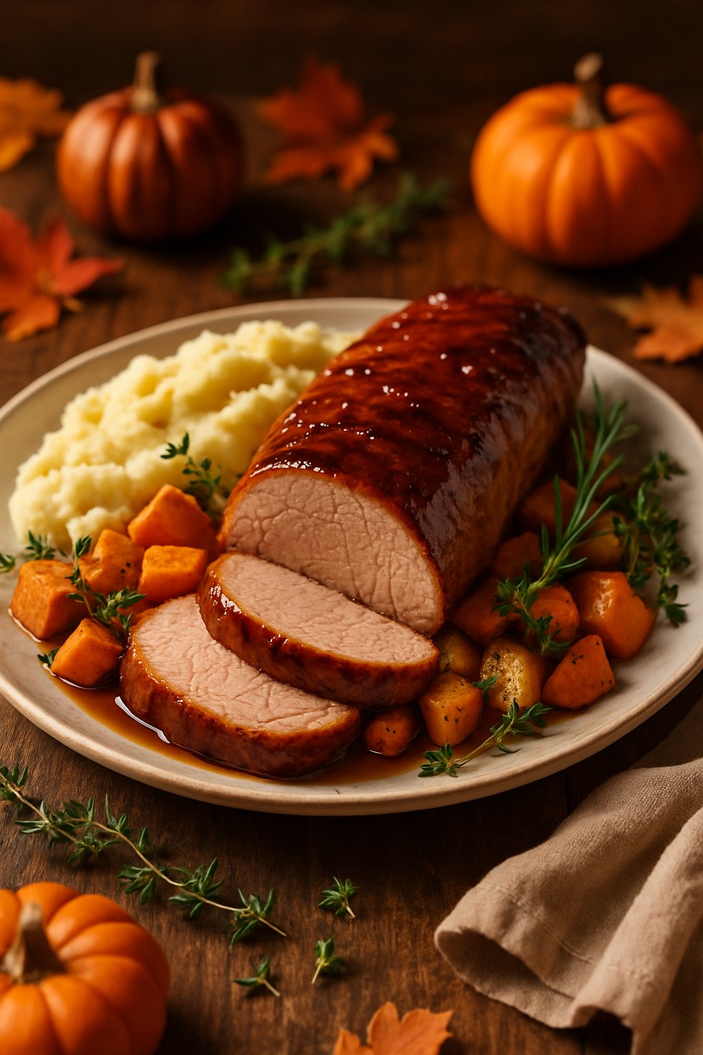 Sliced maple glazed pork tenderloin on a plate with roasted vegetables and autumn decorations on a wooden table.
