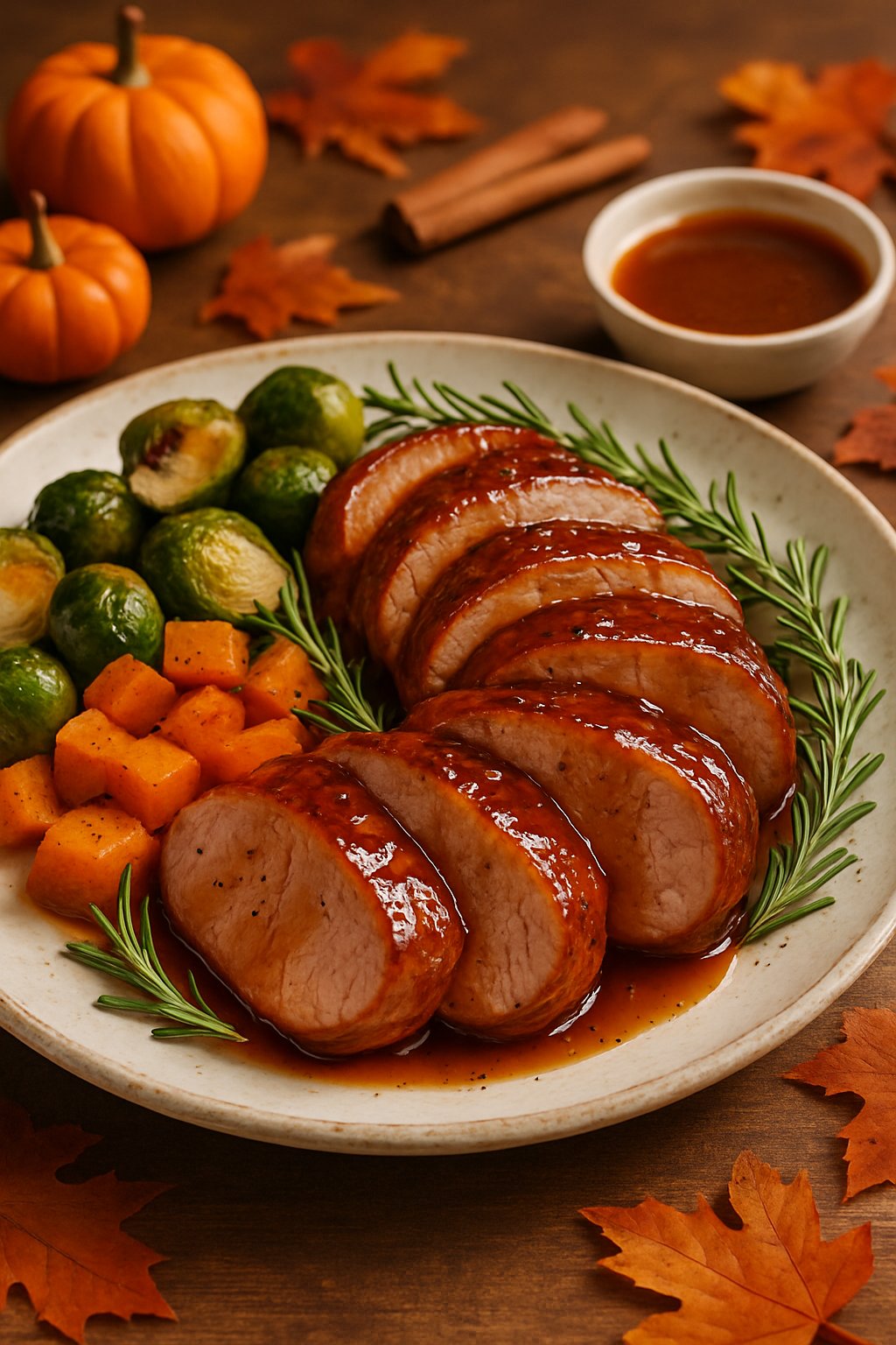 A plate of sliced maple glazed pork tenderloin with roasted vegetables and autumn decorations on a wooden table.