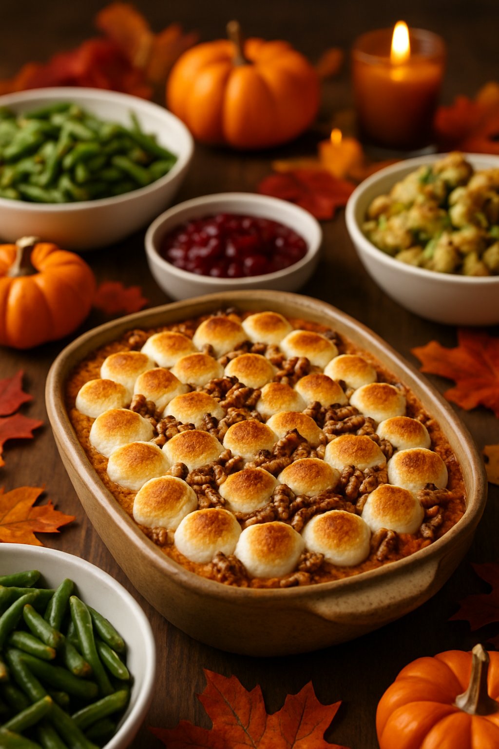 A sweet potato casserole with a golden marshmallow topping on a wooden table surrounded by Thanksgiving side dishes and autumn decorations.
