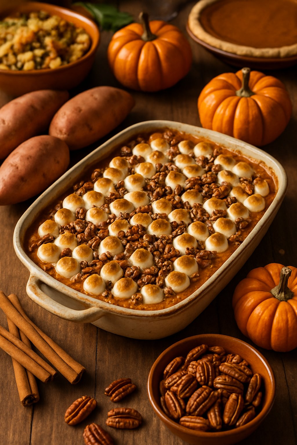 A Thanksgiving table with a sweet potato casserole in a baking dish surrounded by sweet potatoes, pecans, and autumn decorations.