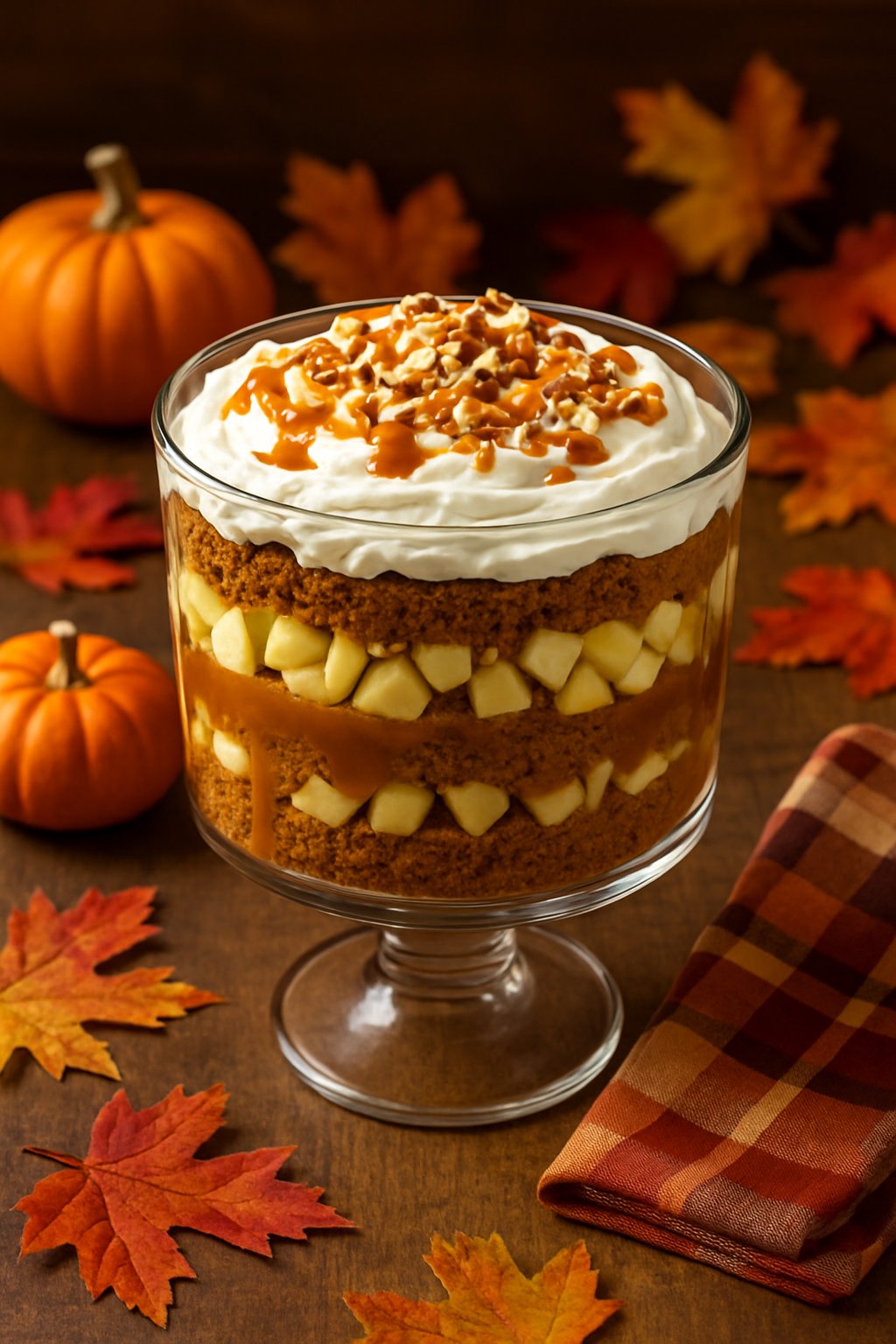 A layered caramel apple trifle dessert in a glass bowl on a wooden table with autumn decorations.