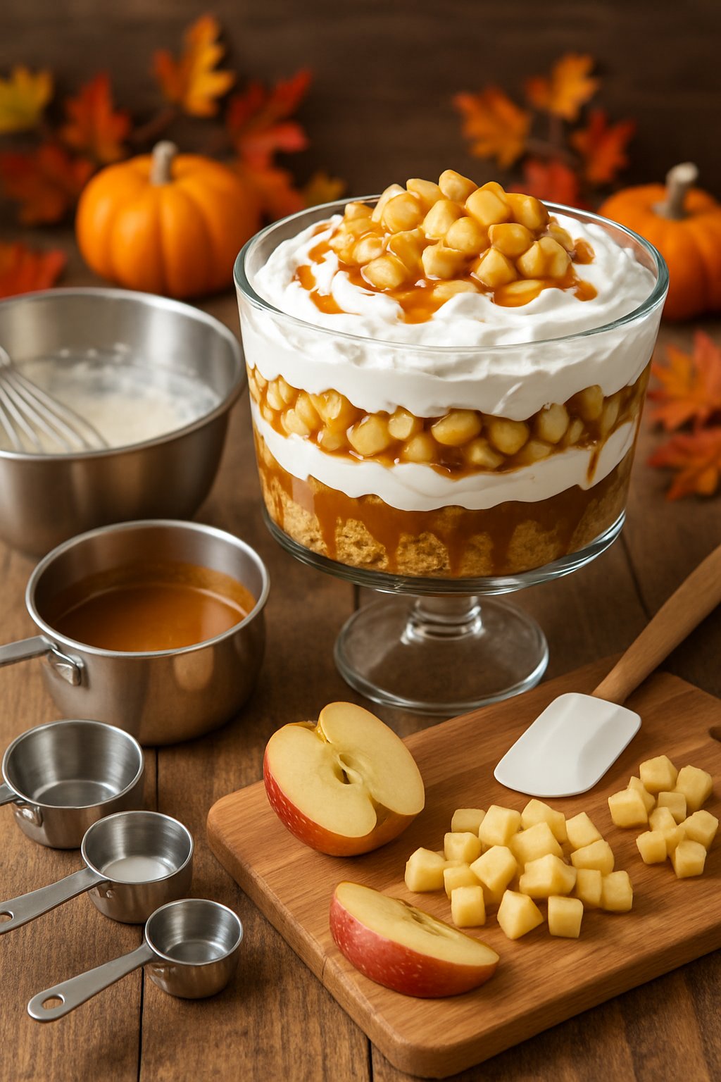 A caramel apple trifle on a wooden table surrounded by kitchen utensils and autumn decorations.