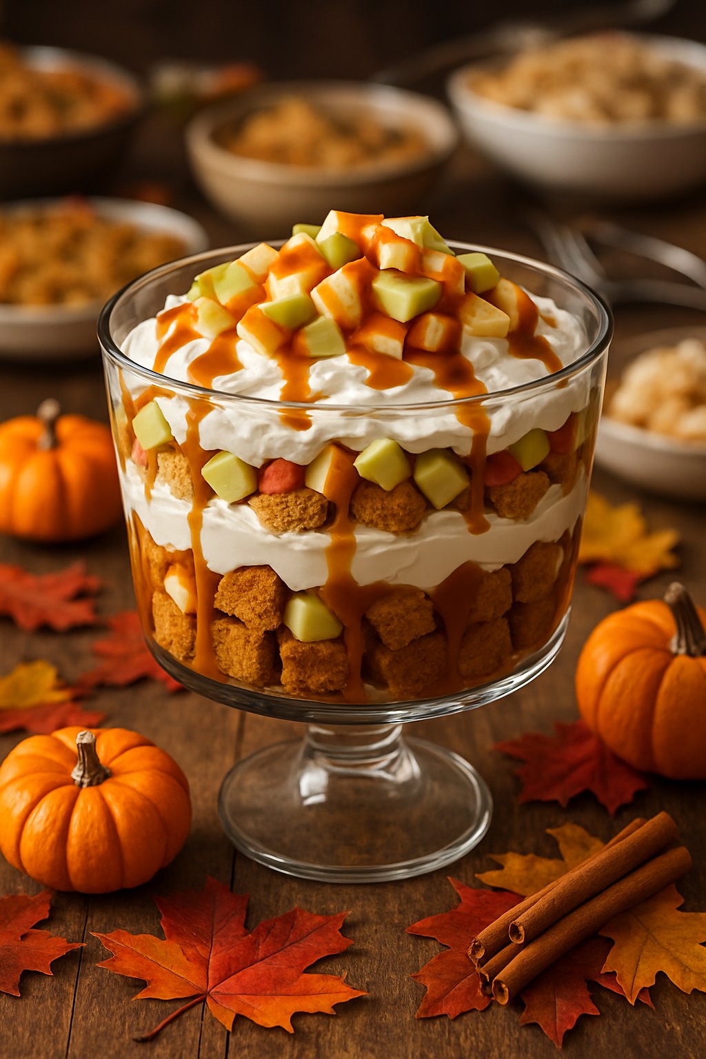 A layered caramel apple trifle dessert on a wooden table with autumn decorations like pumpkins and fall leaves.