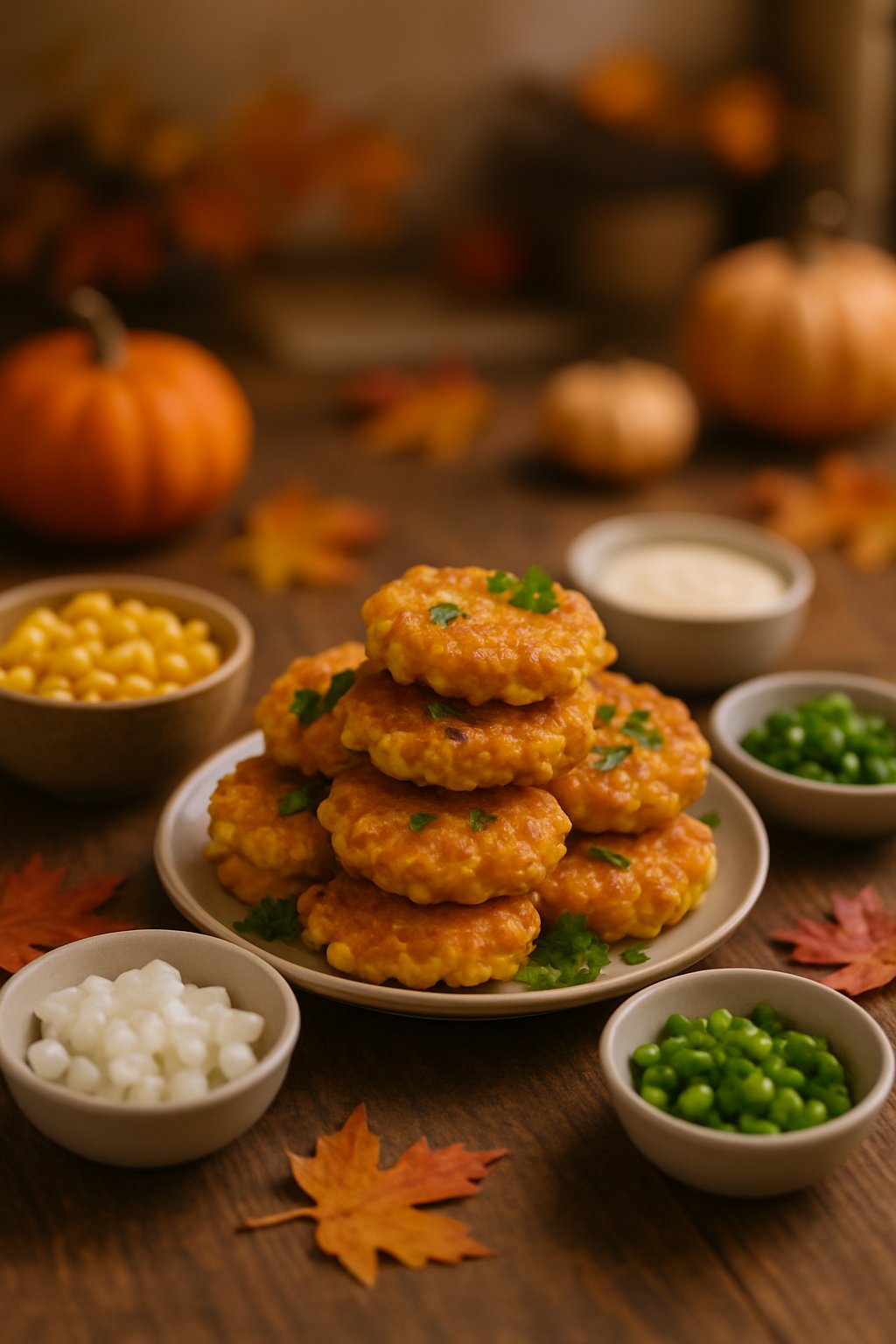 A plate of golden corn fritters on a wooden table surrounded by bowls of corn, onions, green chilies, and dipping sauce with autumn decorations in the background.