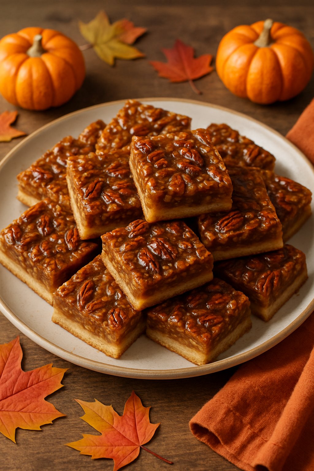 Plate of maple pecan bars on a wooden table with autumn decorations around them.