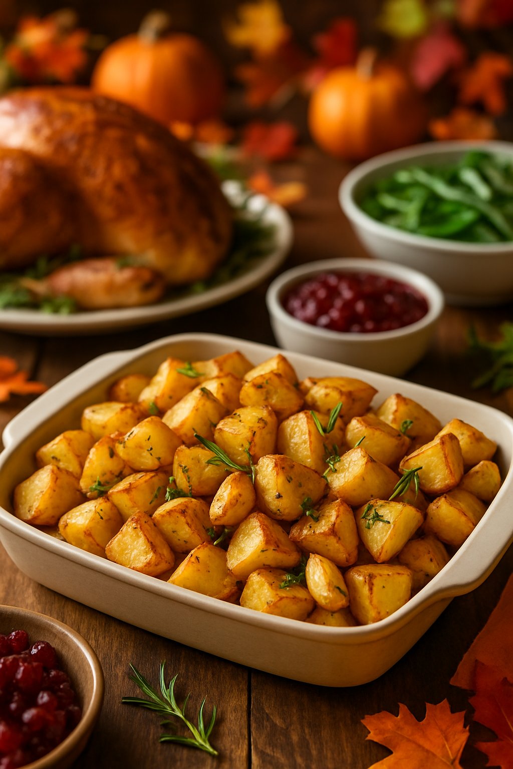 A serving dish of roasted garlic potatoes on a wooden table surrounded by Thanksgiving dishes and autumn decorations.