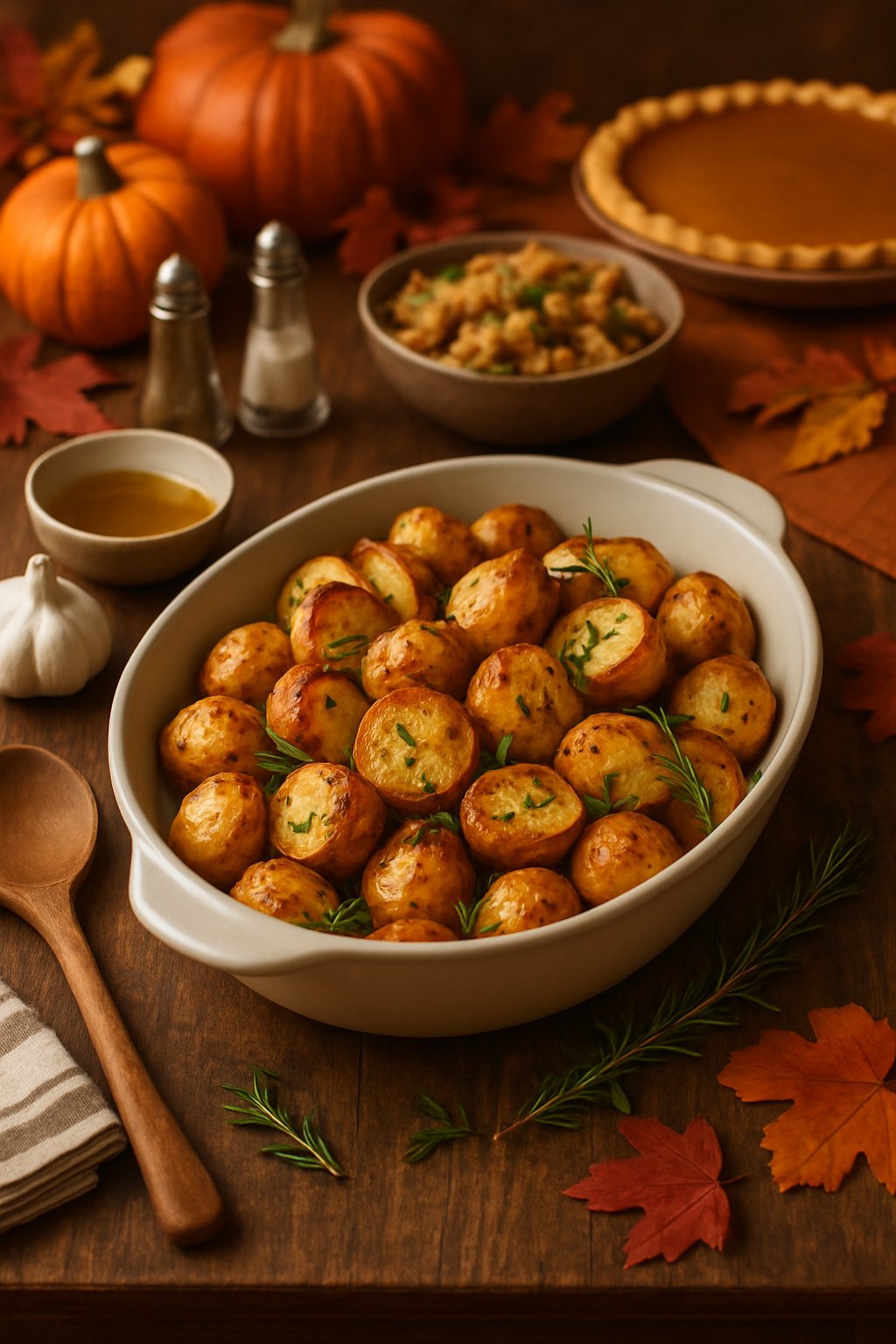 A serving dish of roasted garlic potatoes on a wooden table surrounded by cooking utensils and autumn decorations.