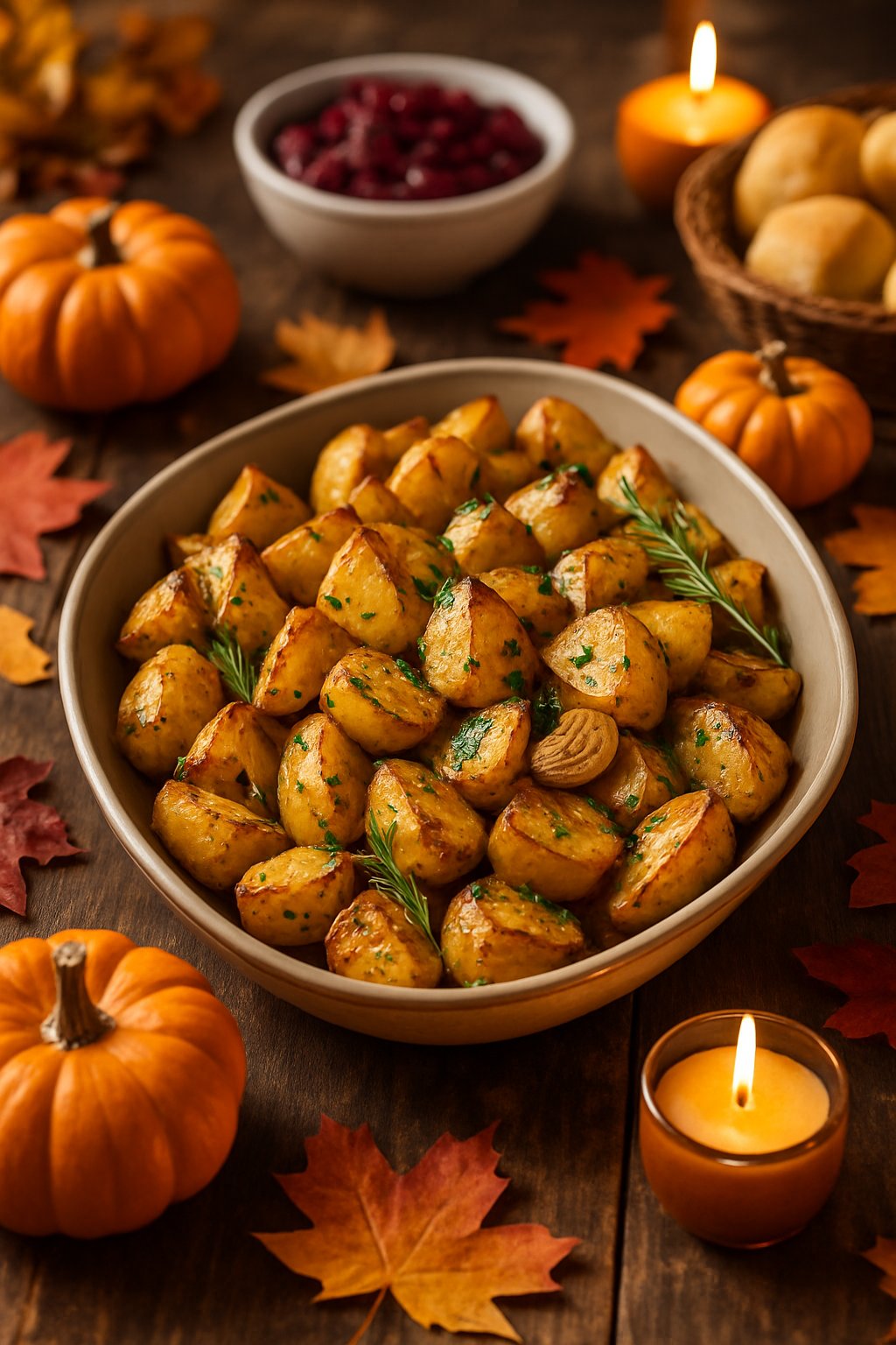 A serving dish of roasted garlic potatoes garnished with herbs on a wooden table decorated with autumn leaves and small pumpkins.