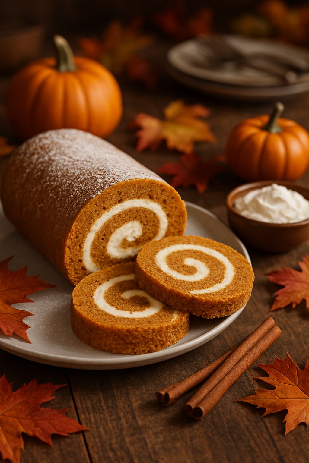 Sliced pumpkin roll dessert on a wooden table with autumn decorations and a cozy Thanksgiving potluck setting in the background.