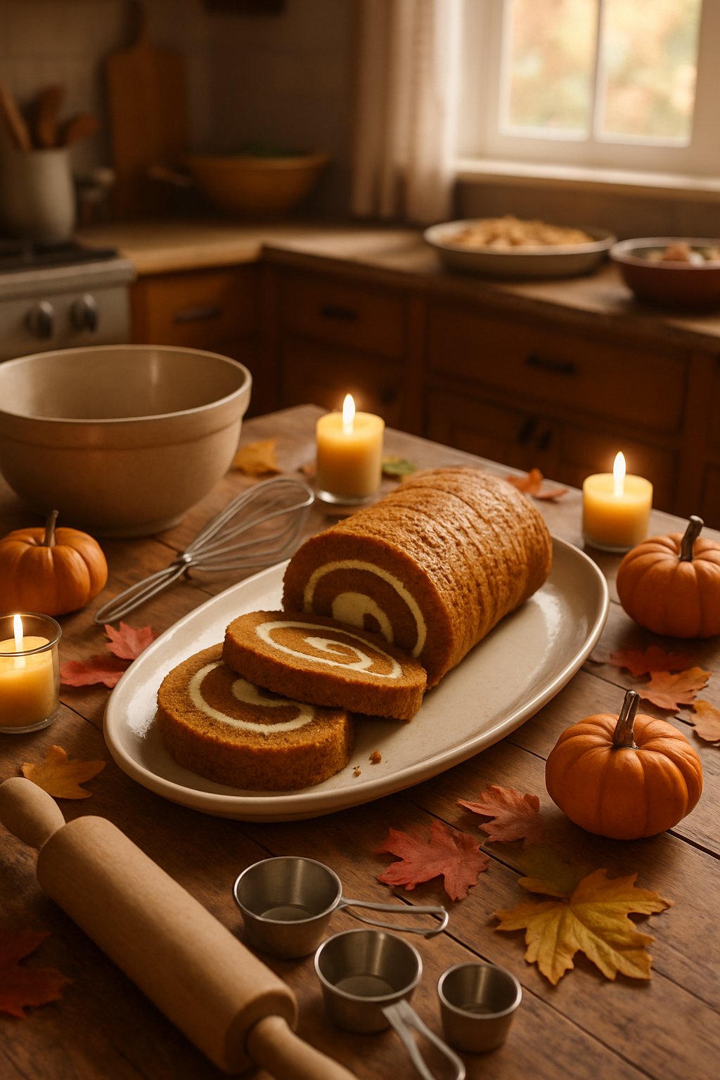 A kitchen table with a sliced pumpkin roll dessert surrounded by baking utensils and autumn decorations.