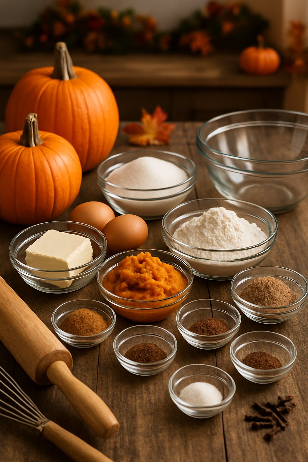 Ingredients for a pumpkin roll recipe arranged on a wooden table with pumpkins, spices, eggs, sugar, and baking tools in a kitchen setting.