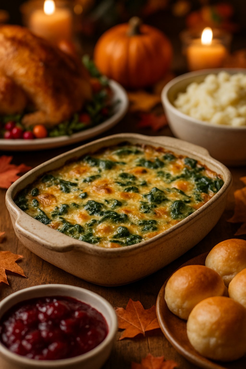 A table set with a spinach casserole and various Thanksgiving dishes surrounded by autumn decorations.