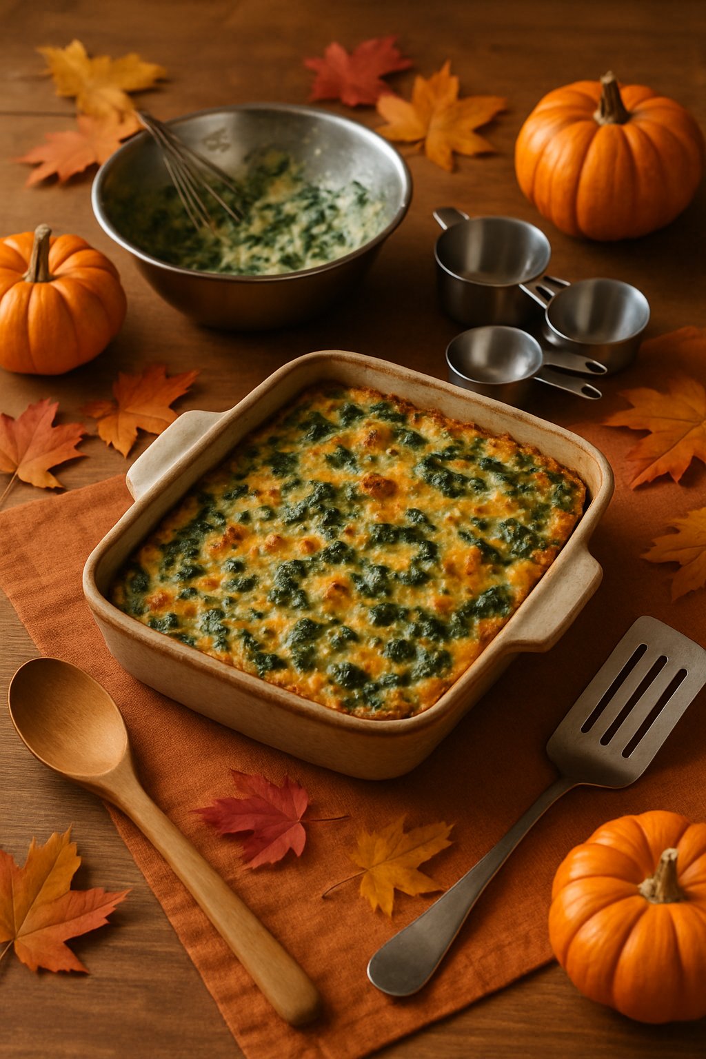 A Thanksgiving potluck scene featuring a spinach casserole in a ceramic dish surrounded by cooking utensils and autumn decorations on a wooden table.