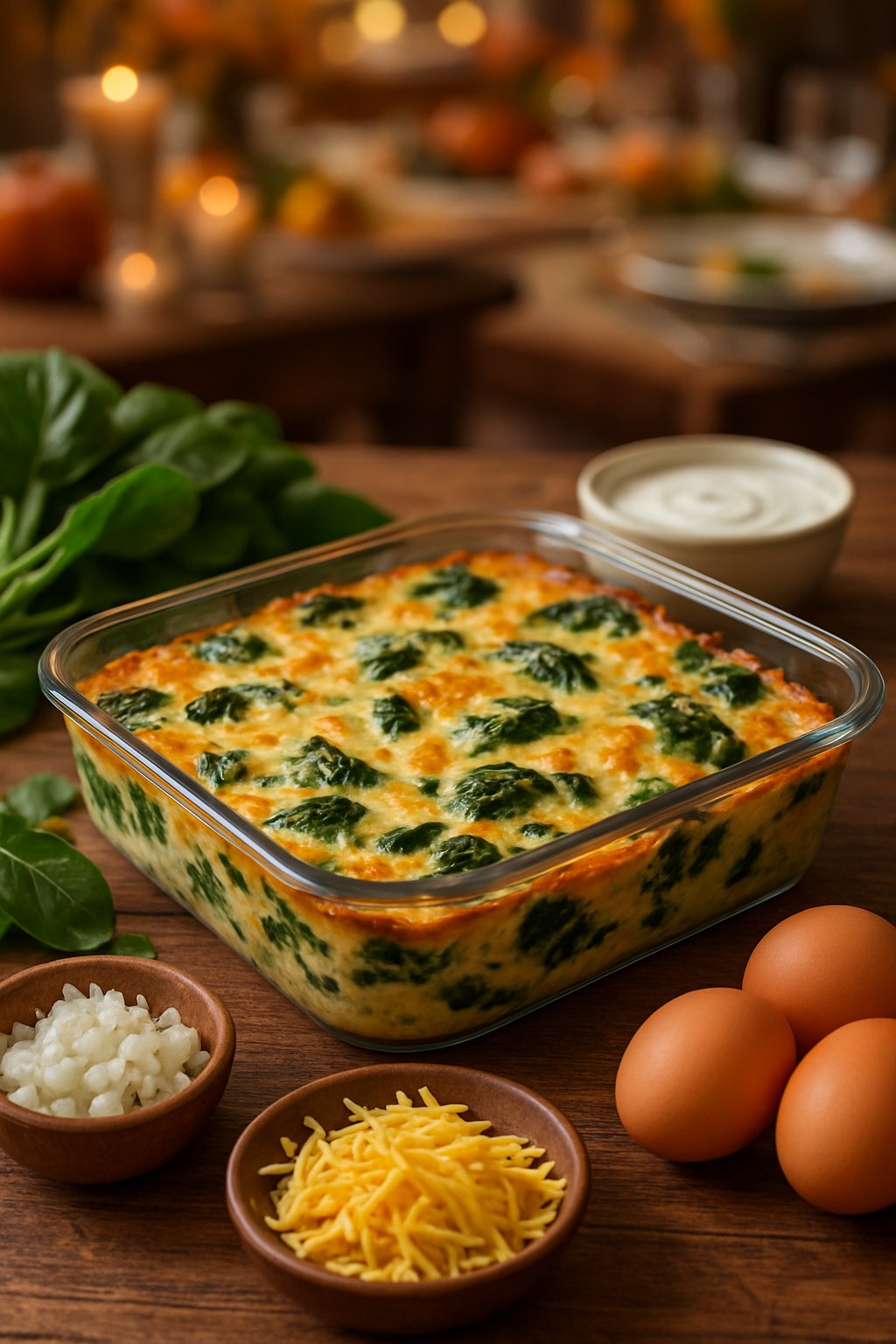 A freshly baked spinach casserole in a glass dish on a wooden table surrounded by fresh spinach, onions, cheese, cream sauce, and eggs.