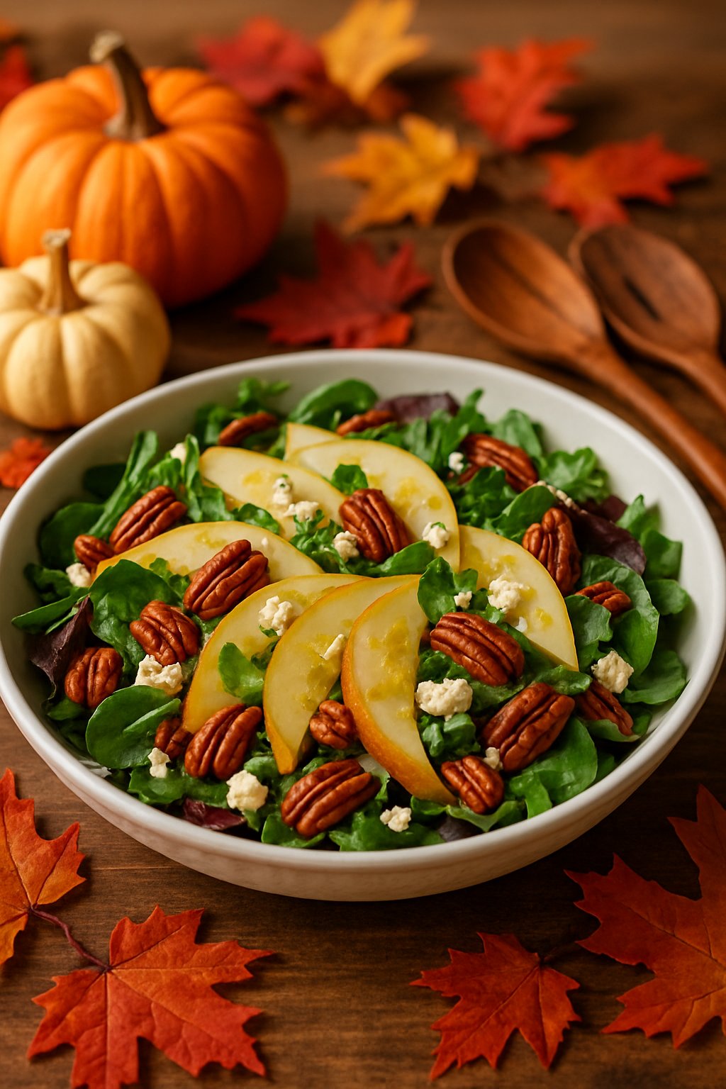 A bowl of pear pecan salad with mixed greens, sliced pears, and pecans on a wooden table decorated with pumpkins and fall leaves.