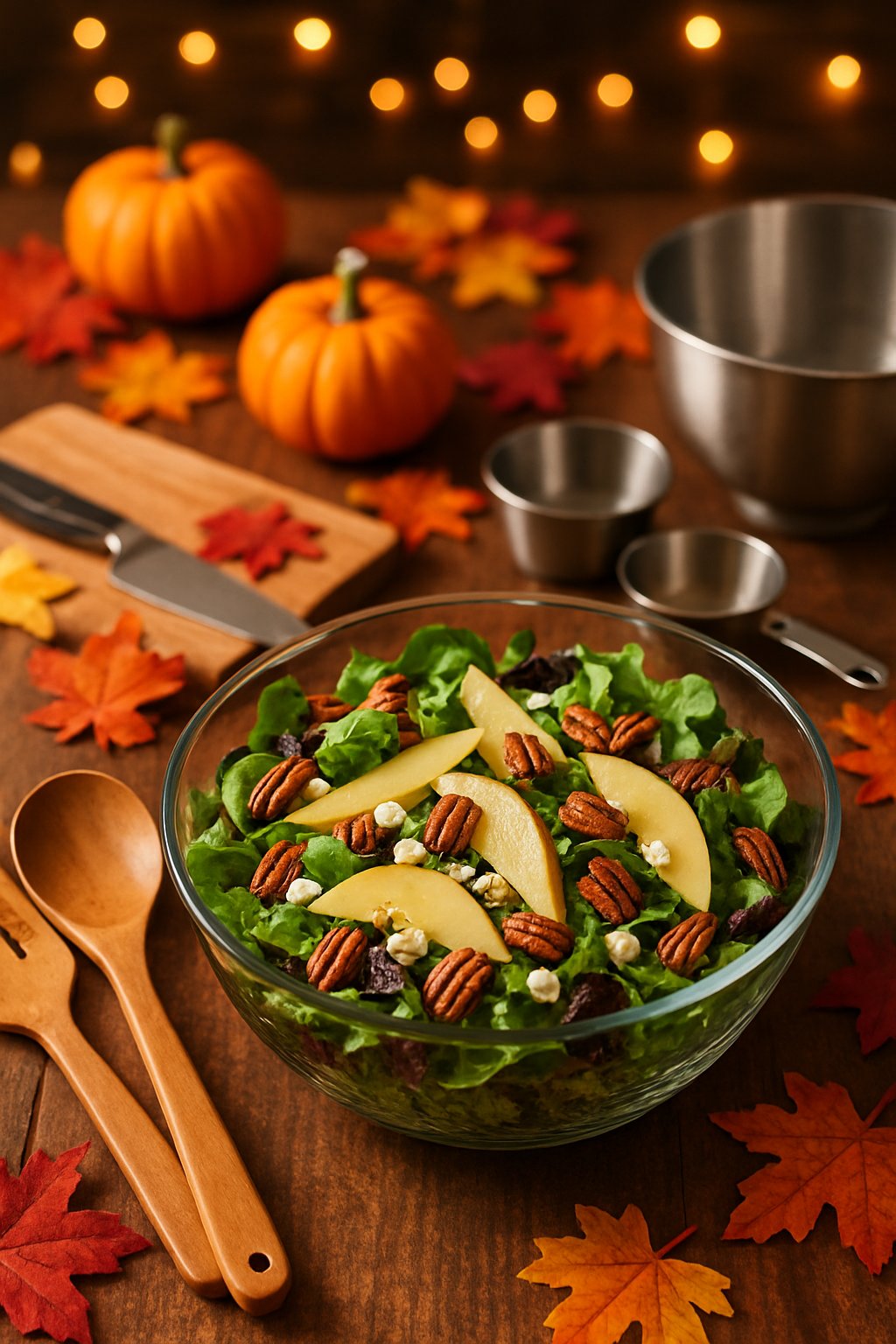 A pear pecan salad in a glass bowl on a wooden table surrounded by salad tongs, cutting board, and autumn decorations.