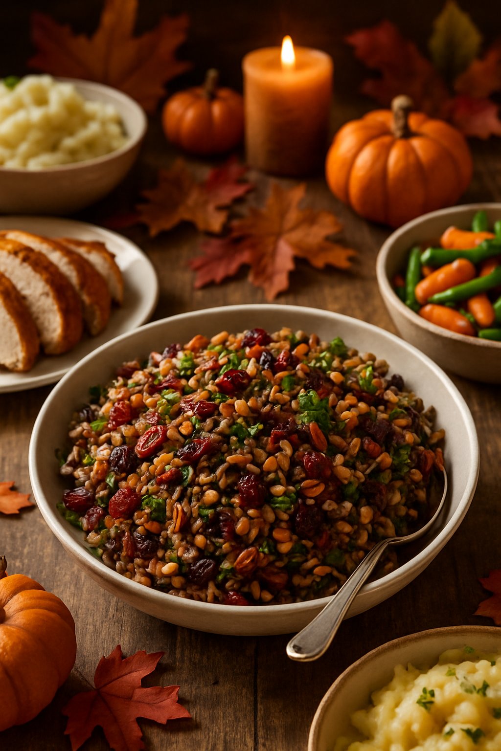A serving bowl of wild rice pilaf on a wooden table surrounded by Thanksgiving dishes and autumn decorations.
