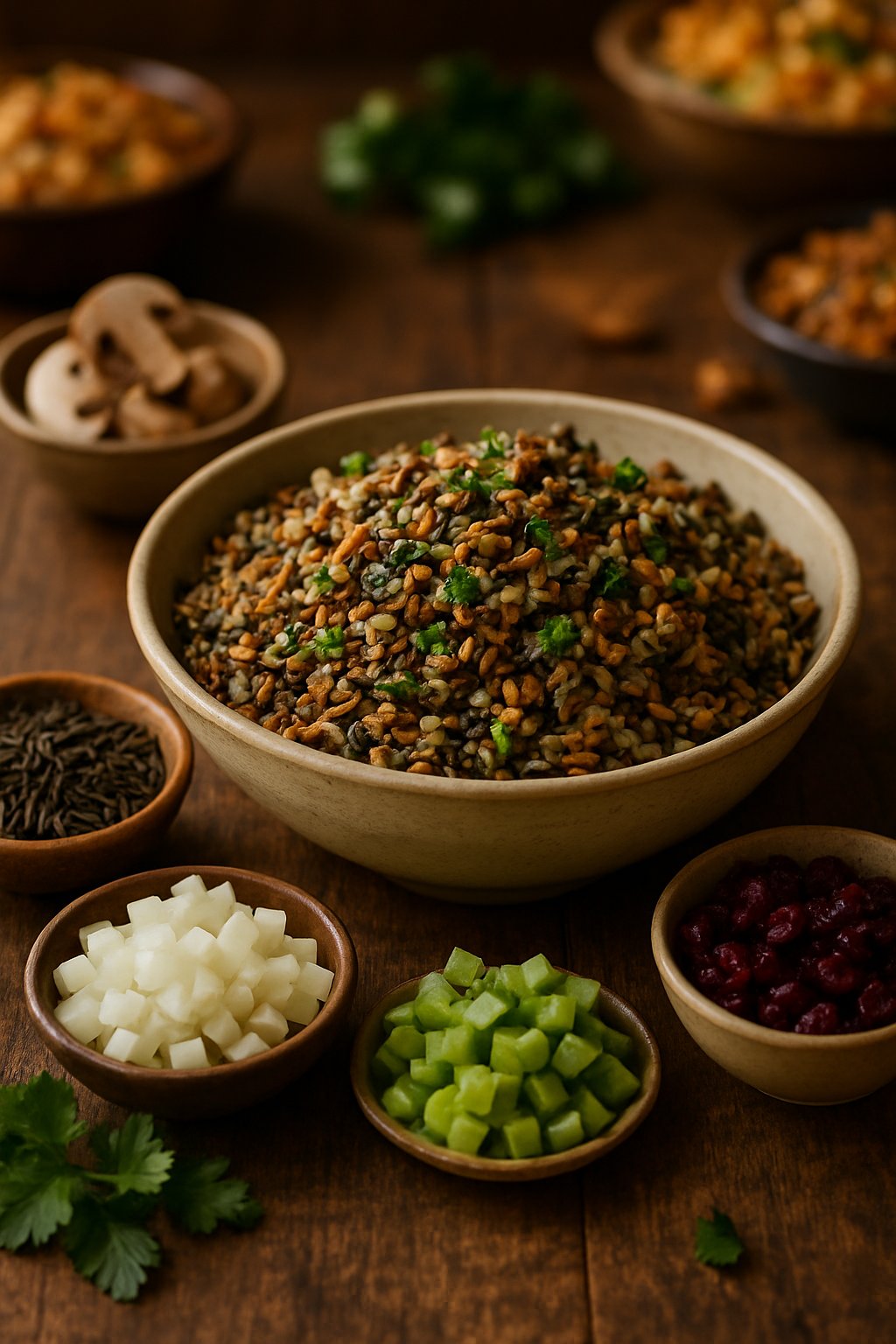 A bowl of wild rice pilaf surrounded by fresh ingredients on a wooden table in a Thanksgiving potluck setting.