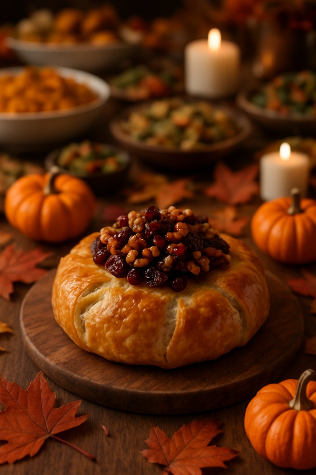 A baked brie with caramelized nuts and dried cranberries on a wooden board surrounded by fall decorations on a Thanksgiving potluck table.