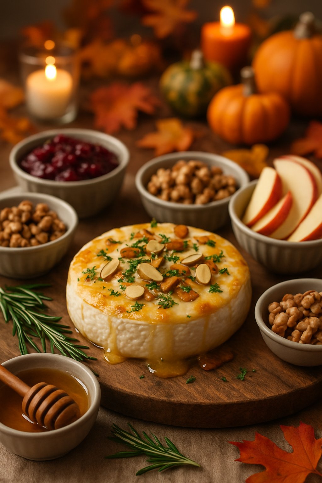 A baked brie on a wooden board surrounded by bowls of cranberry sauce, sliced apples, walnuts, and herbs on a Thanksgiving potluck table with autumn decorations.