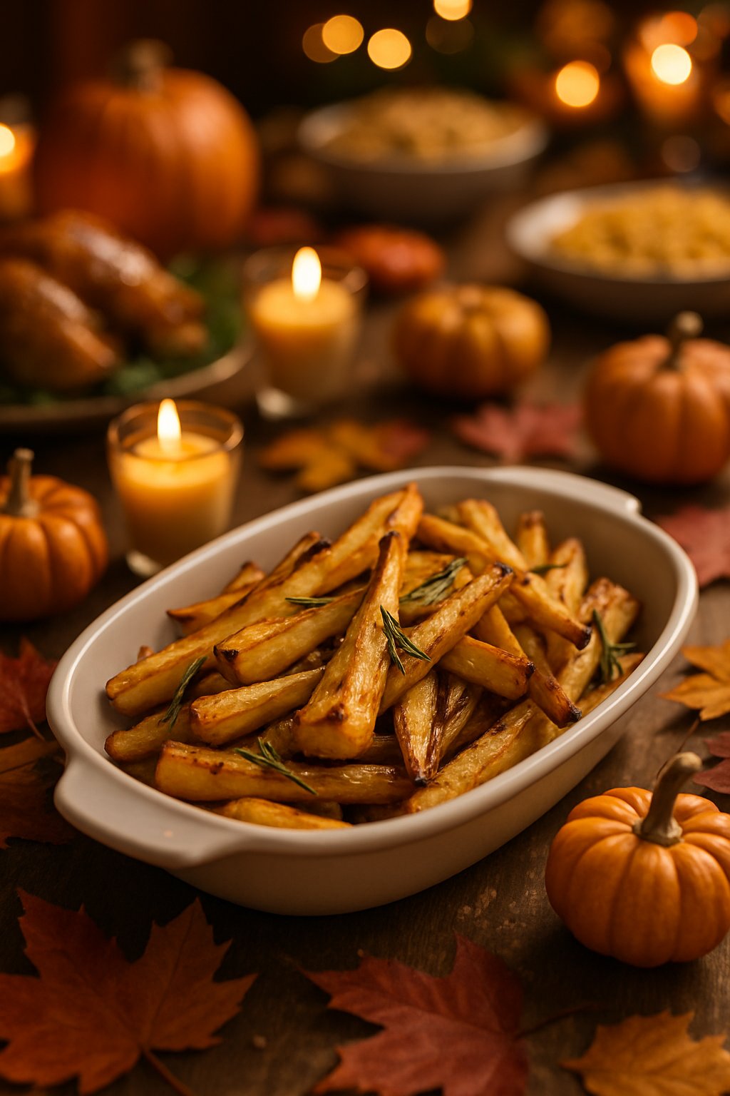 A serving dish of roasted parsnips garnished with rosemary on a wooden table decorated with pumpkins and fall leaves.