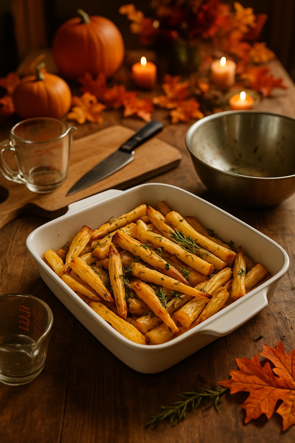 A wooden table with a serving dish of roasted parsnips surrounded by cooking equipment and autumn decorations.
