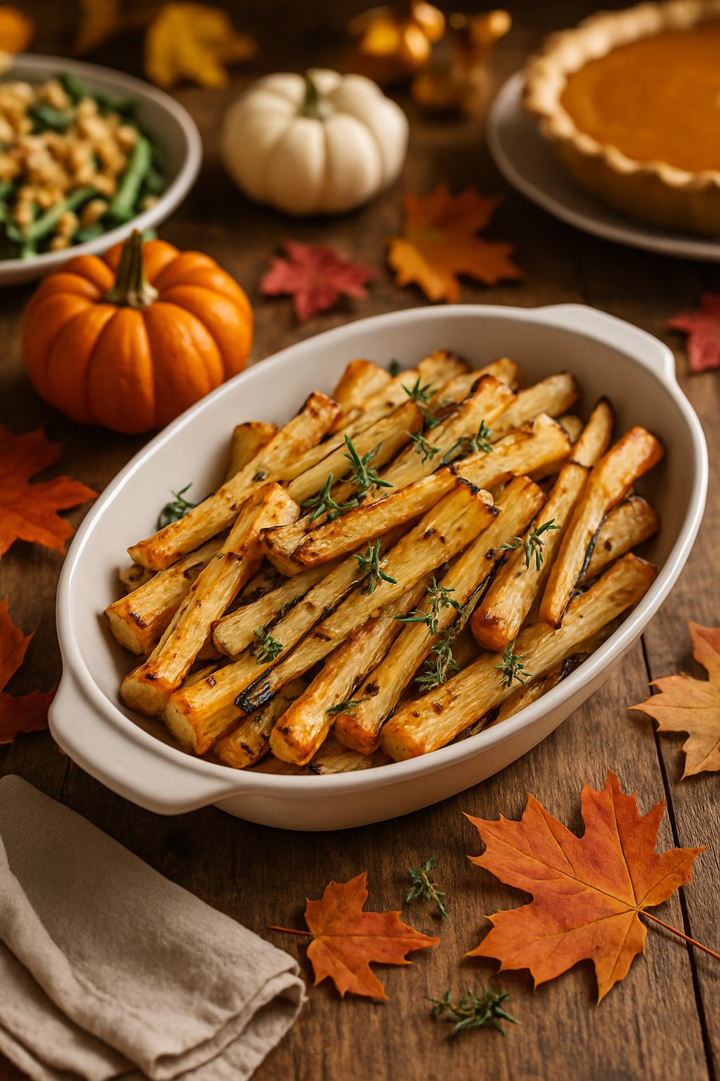 A serving dish with roasted parsnips garnished with herbs on a wooden table decorated with pumpkins and fall leaves.