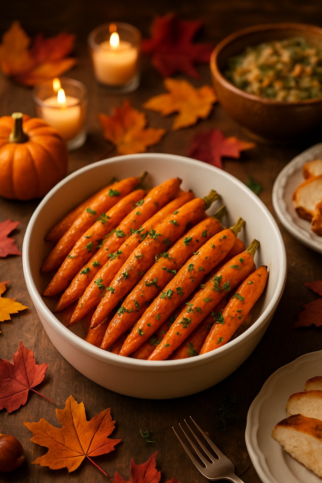 A serving dish of garlic roasted carrots on a wooden table with autumn decorations and candles.