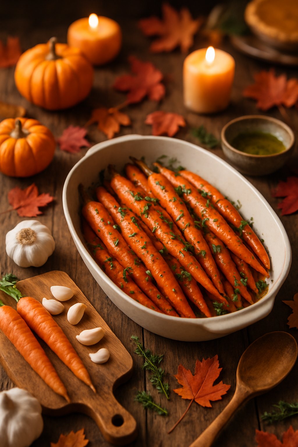 A serving dish of garlic roasted carrots on a wooden table surrounded by autumn decorations and cooking utensils.