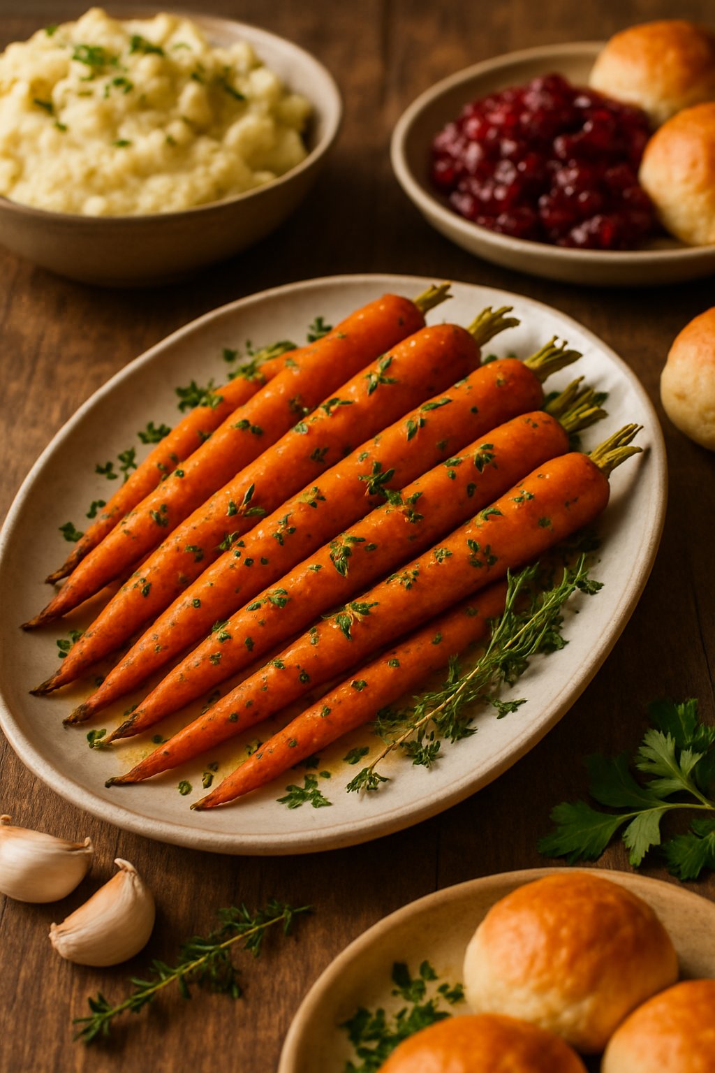 A serving dish of garlic roasted carrots garnished with fresh herbs on a wooden table surrounded by other Thanksgiving side dishes.