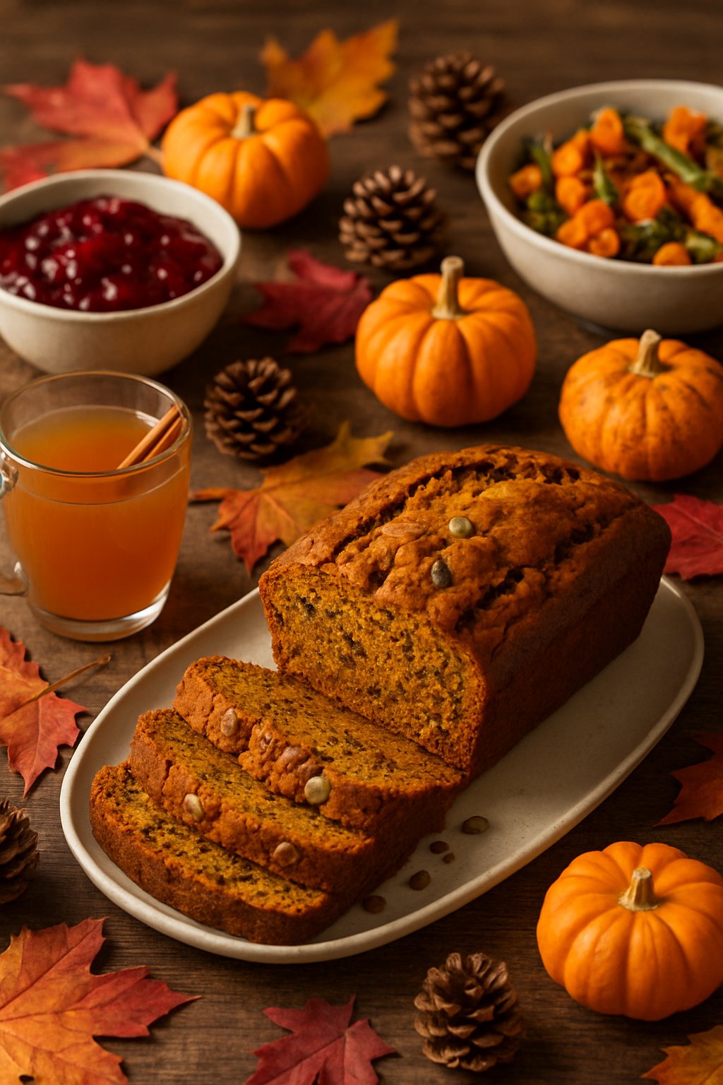 A sliced loaf of pumpkin bread on a wooden table surrounded by autumn decorations and dishes for a Thanksgiving potluck.