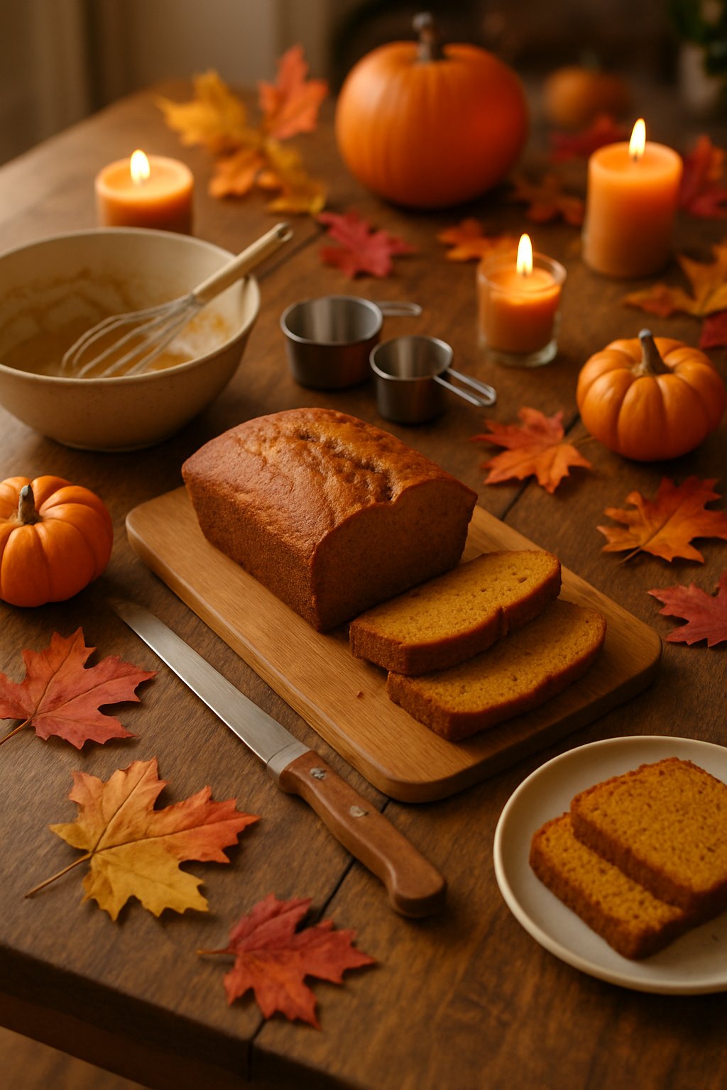 A loaf of sliced pumpkin bread on a wooden table surrounded by baking tools and autumn decorations for a Thanksgiving potluck.