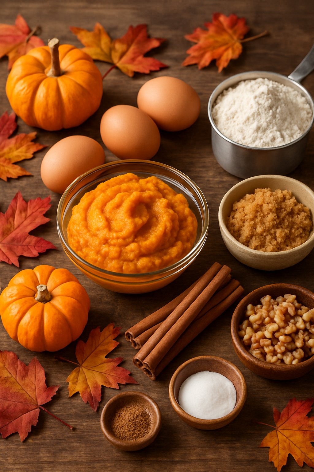 A table with ingredients for pumpkin bread including pumpkin puree, eggs, brown sugar, spices, flour, and walnuts surrounded by autumn leaves and small pumpkins.
