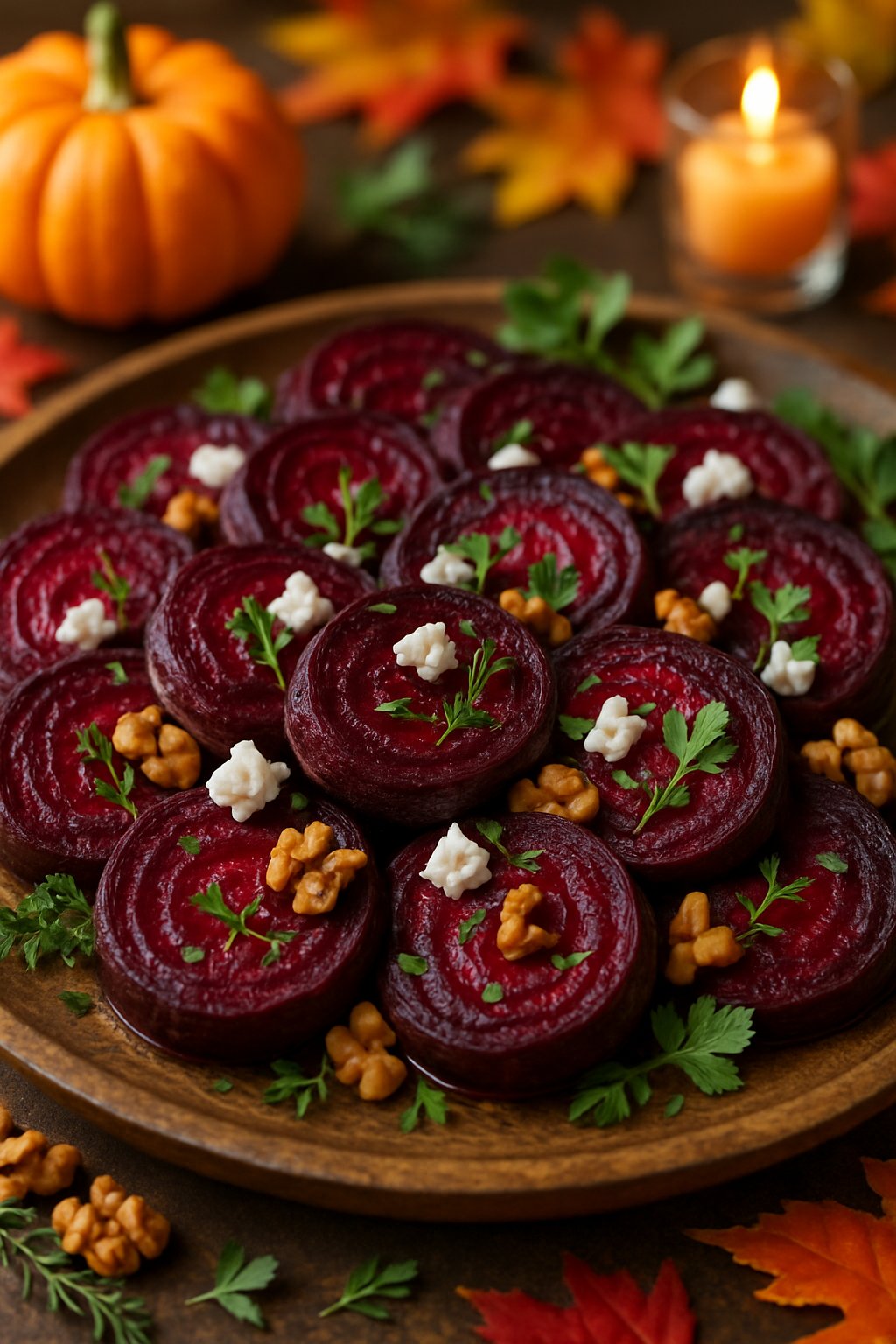 A platter of roasted beet slices garnished with herbs, goat cheese, and walnuts on a Thanksgiving table with autumn decorations.