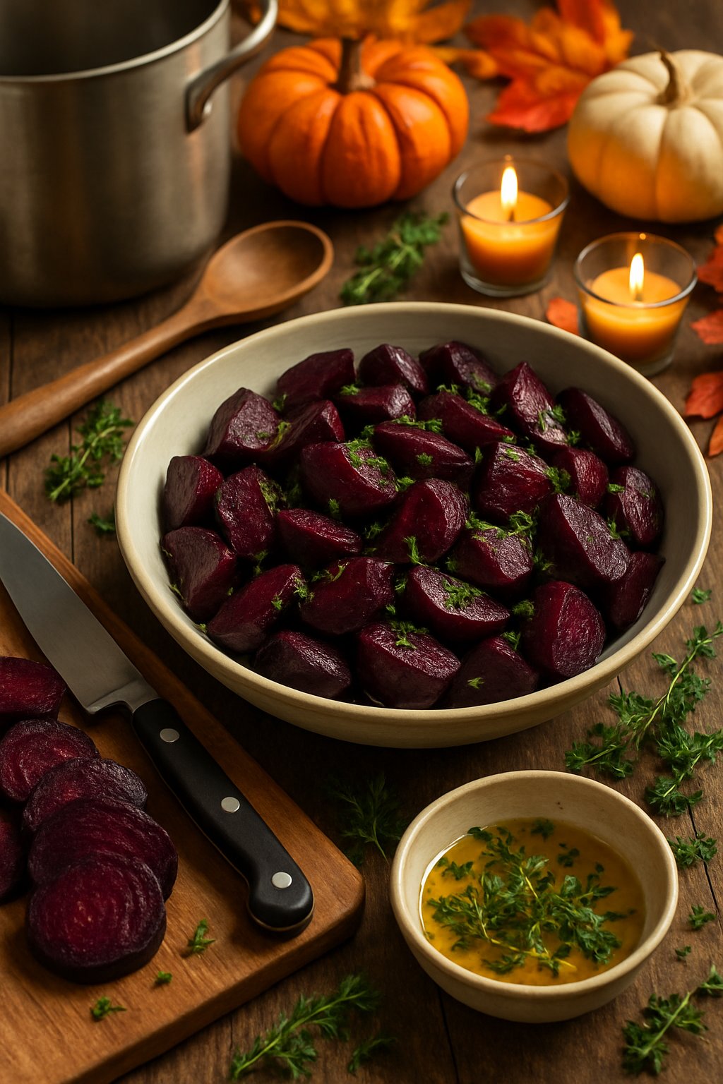 A Thanksgiving potluck table with a bowl of roasted beets surrounded by cooking utensils and autumn decorations.