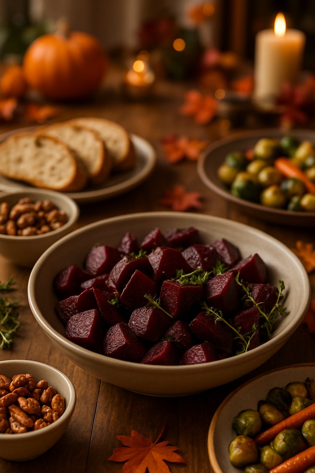 A bowl of roasted beets garnished with herbs on a wooden table surrounded by Thanksgiving potluck dishes and autumn decorations.