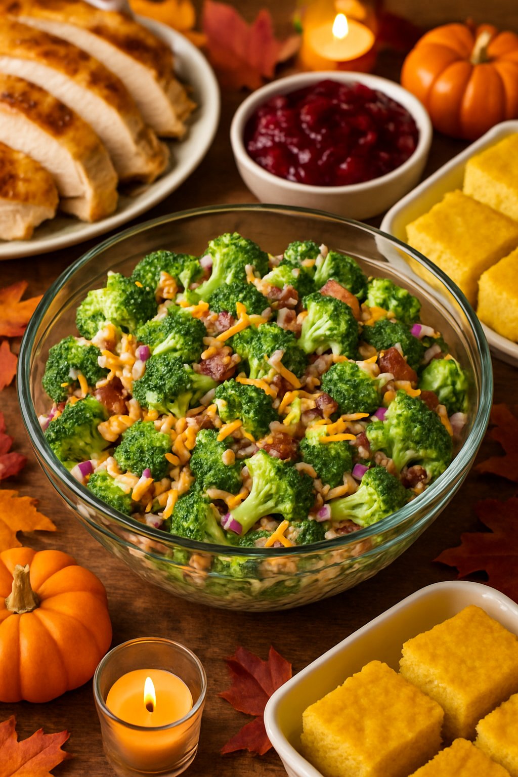A bowl of broccoli salad on a Thanksgiving potluck table with other festive dishes and autumn decorations.