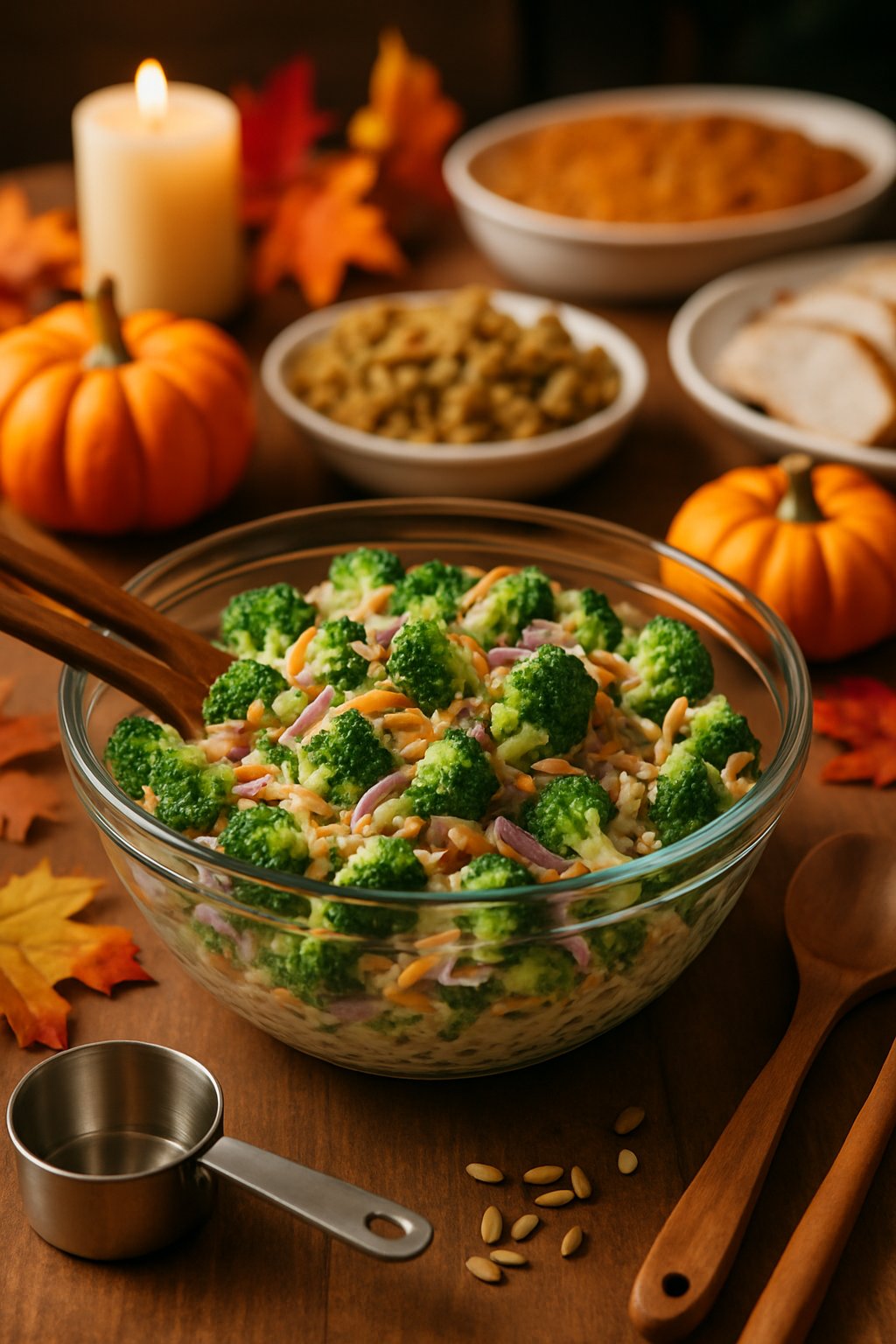 A bowl of broccoli salad on a table with serving utensils and autumn decorations, surrounded by other Thanksgiving dishes.