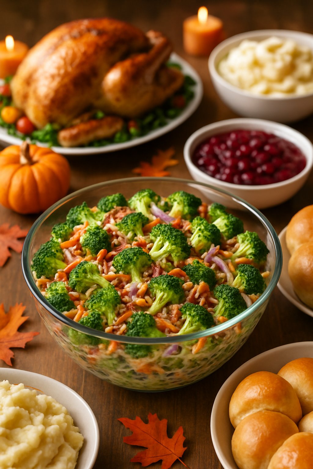 A bowl of broccoli salad on a Thanksgiving potluck table with various traditional dishes and autumn decorations in the background.