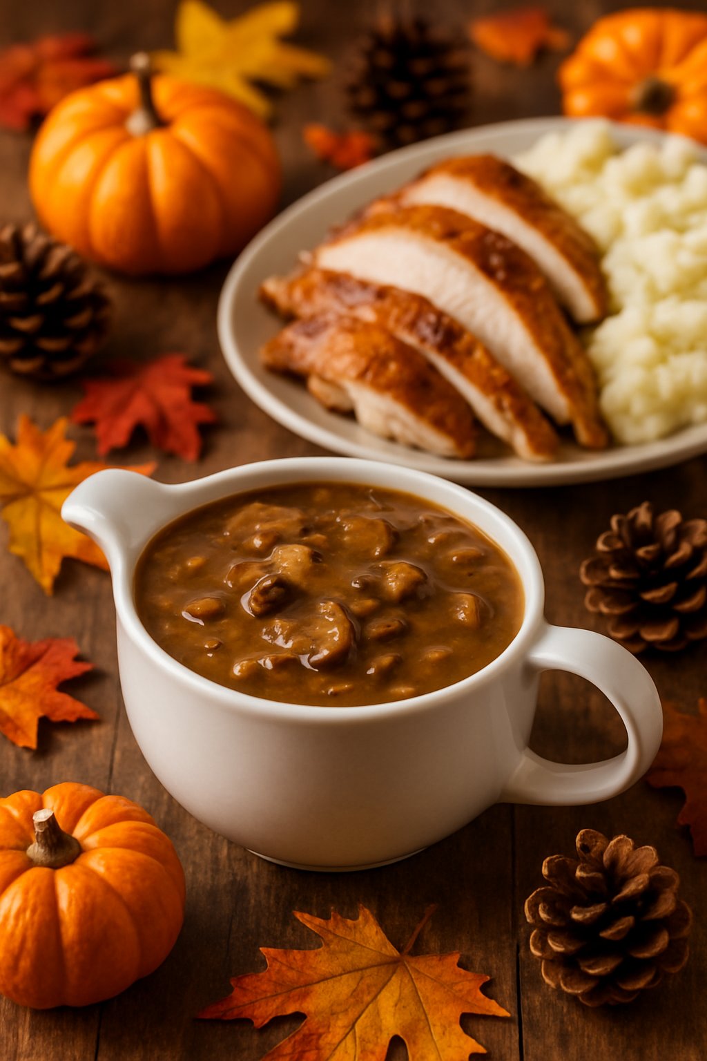 A gravy boat filled with mushroom gravy on a wooden table surrounded by Thanksgiving decorations and a platter of turkey and mashed potatoes.