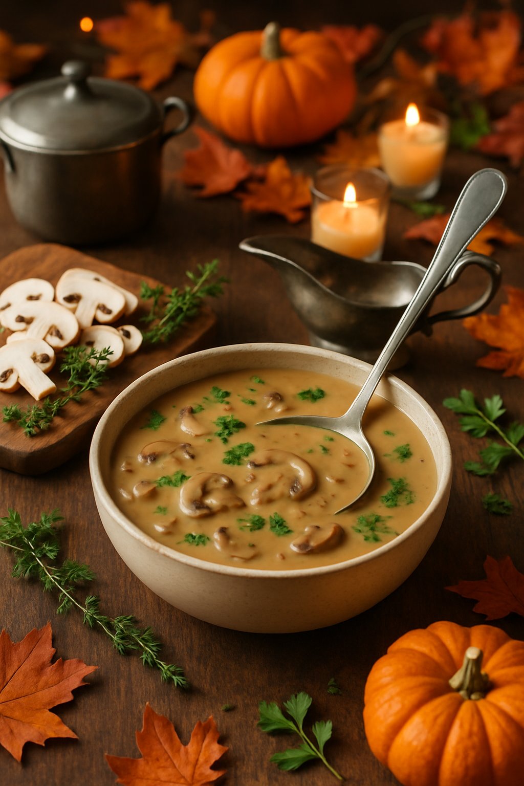 A Thanksgiving potluck table with a bowl of mushroom gravy, cooking utensils, sliced mushrooms, and autumn decorations.