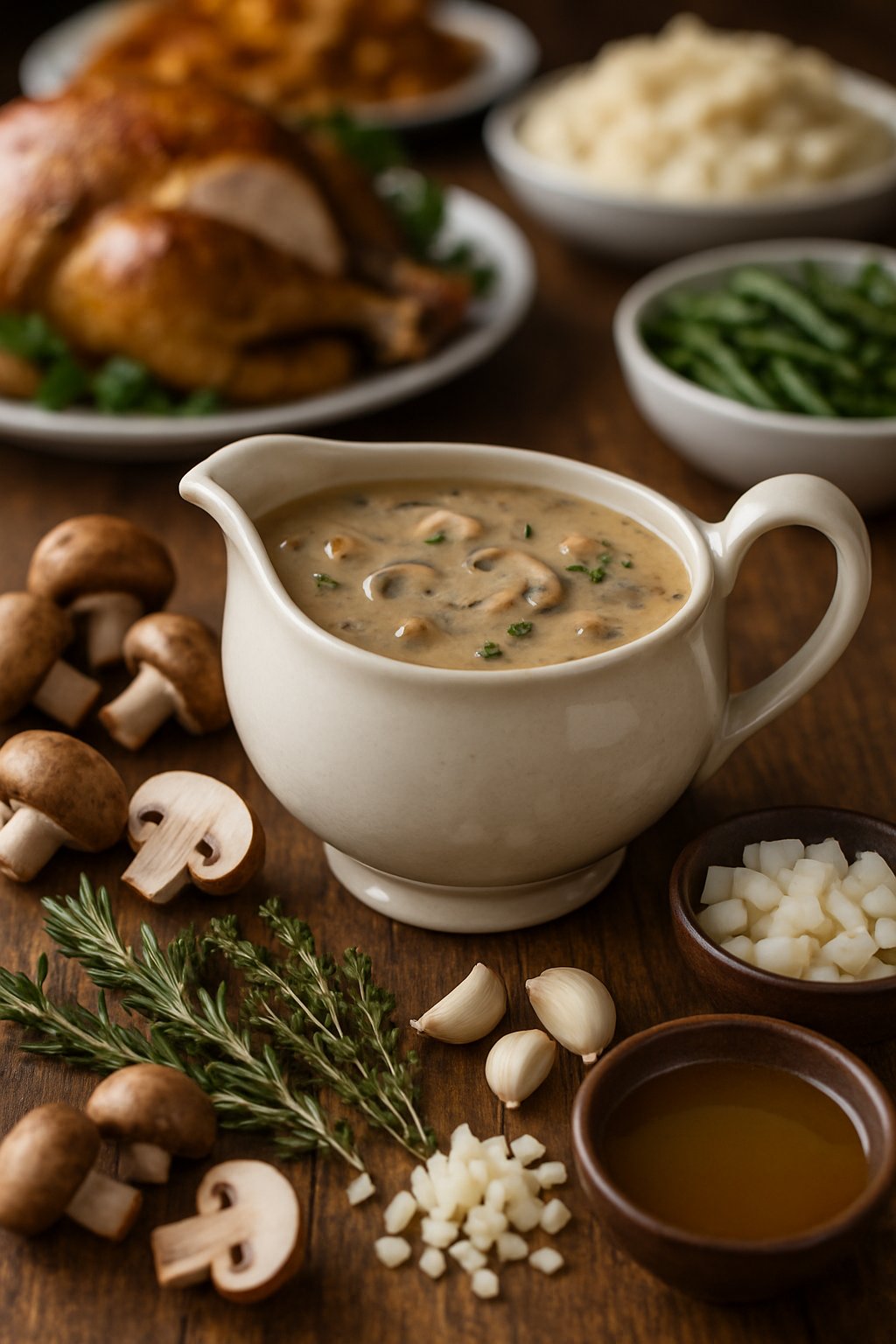 A ceramic gravy boat filled with mushroom gravy on a wooden table surrounded by fresh mushrooms, herbs, garlic, onions, and broth, with blurred Thanksgiving dishes in the background.