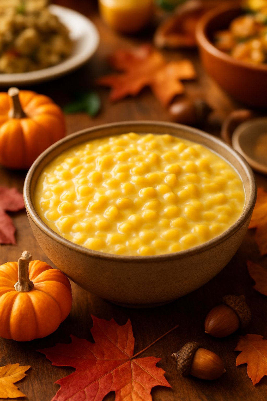 A bowl of creamy creamed corn on a wooden table decorated with small pumpkins and autumn leaves.